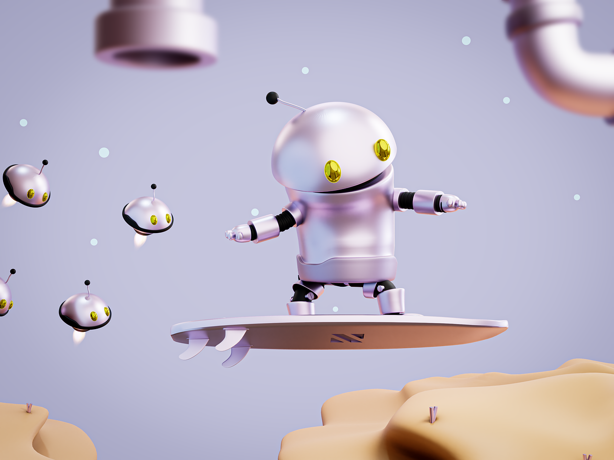 A 3D robot is riding a surfboard.